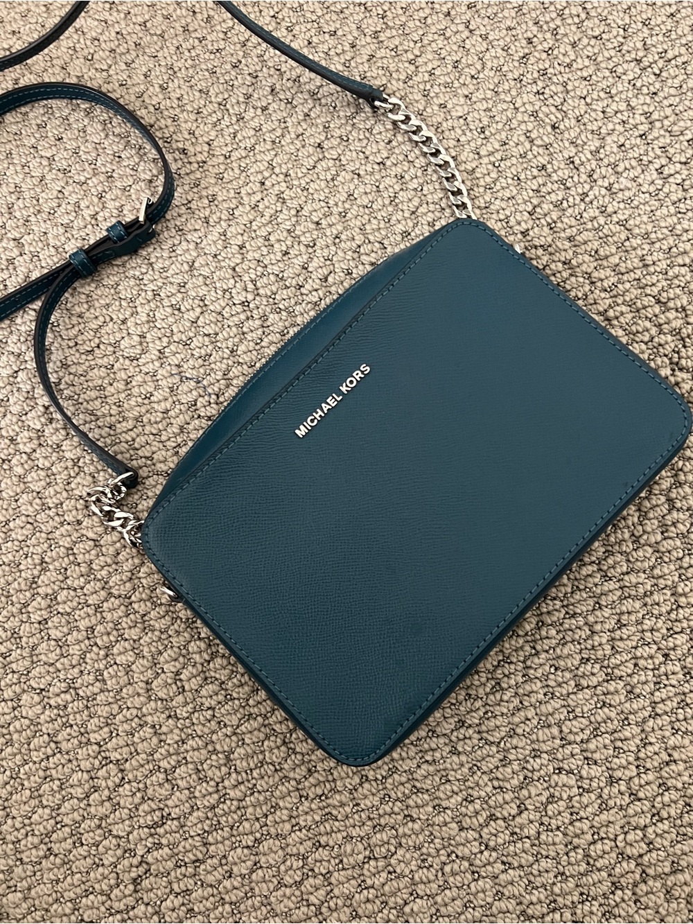 Classic Teal Saffiano Crossbody Satchel Bag with Silver Link Chain Michael Kors